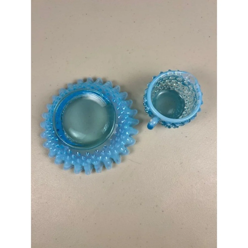 Fenton Blue Opalescent Hobnail Miniature Creamer and‎ Ruffled Bowl Set of 2